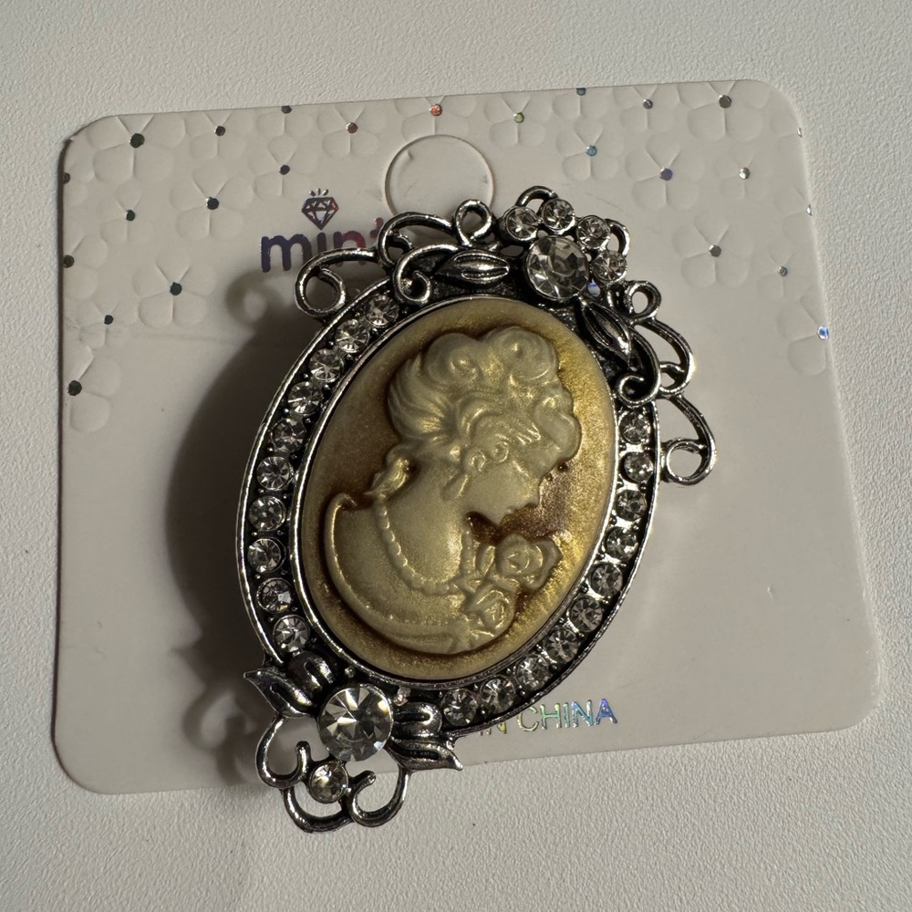 New MINT Cameo brooch - browns/silver